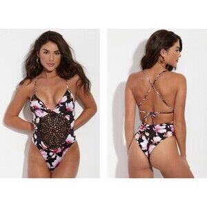 NWT FRANKIES BIKINIS poppy M cheeky one-piece black lotus crochet swimsuit $225